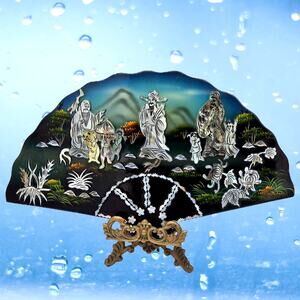 Enamel Mother Of Pearl Asian Fan Wall Plaque Scenic Gold Vintage Art Decor-VTG